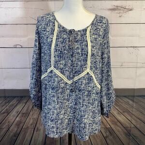 Skies are Blue Blouse Womens Large Blue Crochet Flowy Peasant‎ boho Office